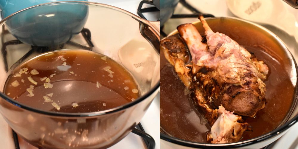 a collage of two pictures the left if chicken bone broth in a clear pot and the right is after a ham bone was added to the broth