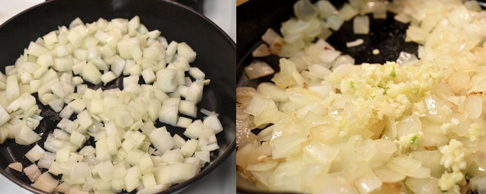 collage of two pictures on left is raw onions added to a cast iron skillet and on the right are onions are garlic being sautéed in a cast iron skillet