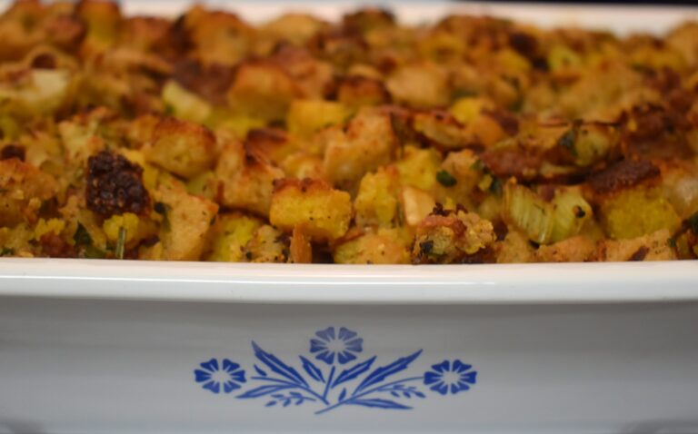 best sausage dressing in corn flower blue baking dish