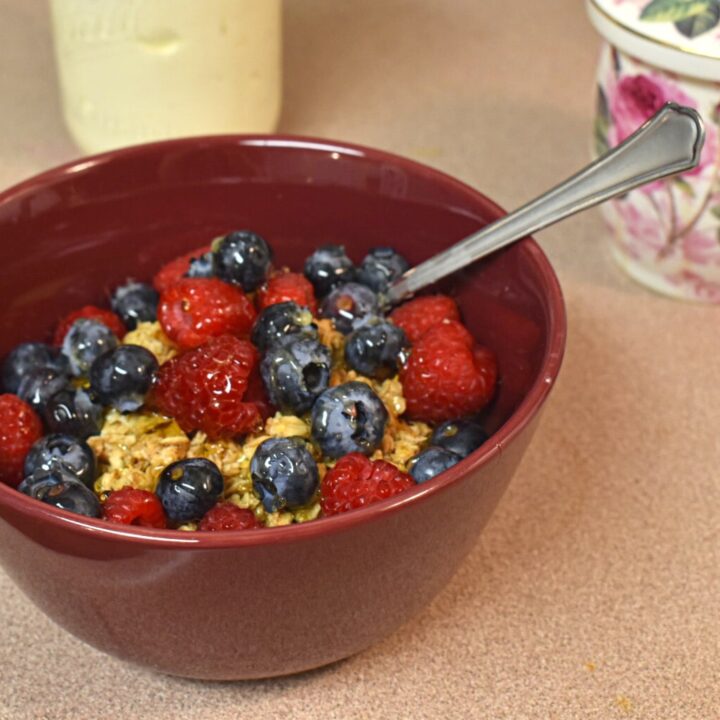instant pot greek yogurt with blueberries, raspberries, granola, and honey on top in a red bowl with a tea cup covered in roses in the background