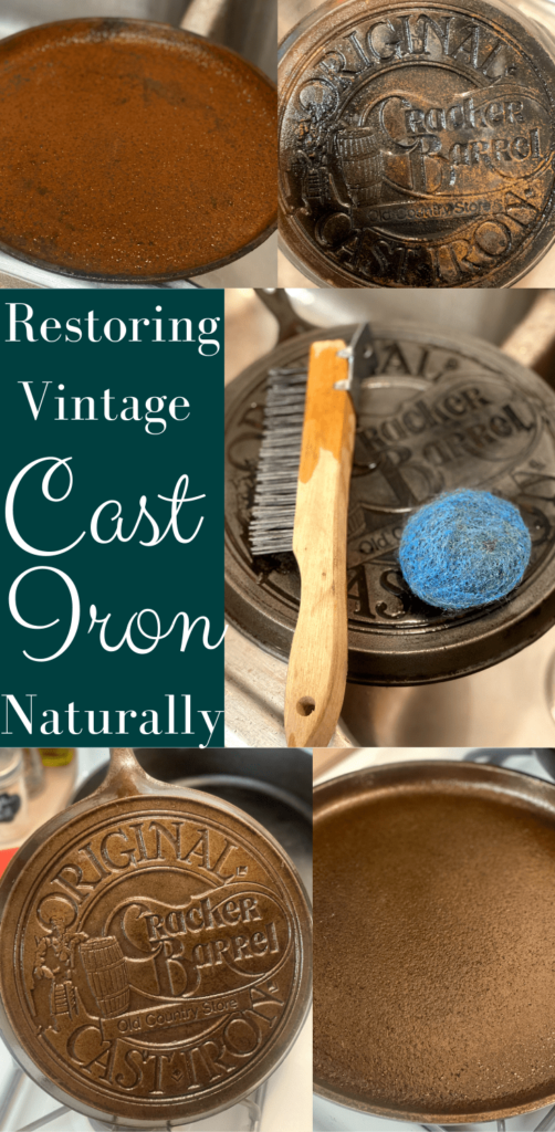 collage of a vintage piece of cast iron from very rusty to well seasoned