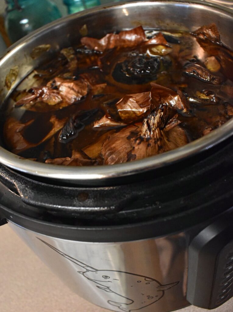 instant pot full of vegetable broth and vegetable scraps